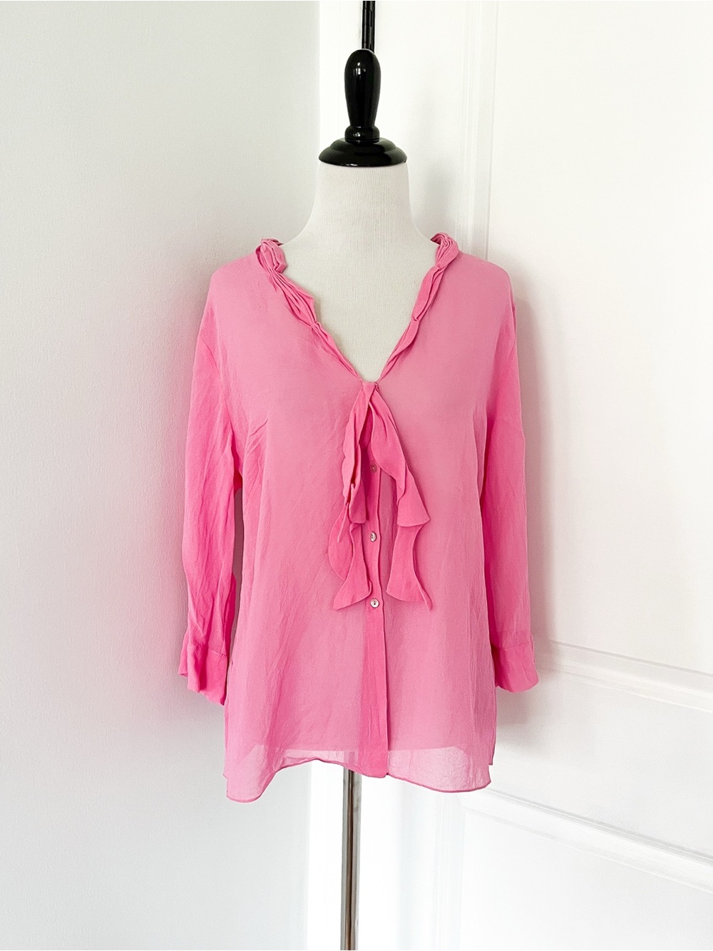 Vintage Max Studio 100% Silk Sheer Pink Ruffle Tie-Front Blouse - Size XL
